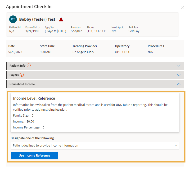 Appointment Check In window with yellow highlight box around the Household Income section and the Income level Reference card.